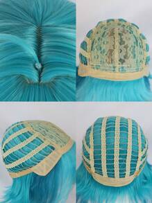 Kurze gerade blaue Bob-Perücke mit Pony und doppelter langer lockiger Pferdeschwanz-Verlängerung aus hitzebeständiger synthetischer Faser, Haarsatz für Anime-Cosplay-Kostüme, Partys, Halloween, blaue Perücke mit abnehmbaren Zöpfen, doppelter lockiger Farbverlauf blauer Pferdeschwanz-Perücke für Frauen