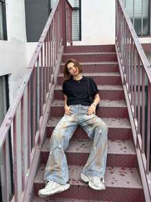 [US Warehouse]ARTIST STORE |Stitched Washing Jean High Street Girls Calf Jeans Straight Distressed Wash Jeans
