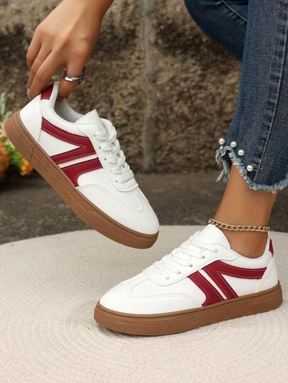 Women's Round Toe Casual Sports Sneakers, Lace-Up, Comfortable & Breathable, Suitable For Outdoor, Office, Daily Wear, Campus, Red, Fashionable And Versatile, 4 Seasons