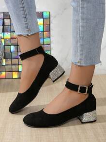 女士秋冬芭蕾圆头踝带银色闪光粗跟黑色绒面玛丽珍鞋，正式中跟鞋 - 黑色 - 查看 3