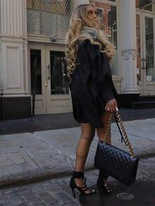 Casual Loose Long Sleeve Round Neck Shirt Dress For Women, Spring And Summer, Solid Color Drawstring Dress - Black - View 3