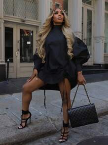 Casual Loose Long Sleeve Round Neck Shirt Dress For Women, Spring And Summer, Solid Color Drawstring Dress - Black - View 1