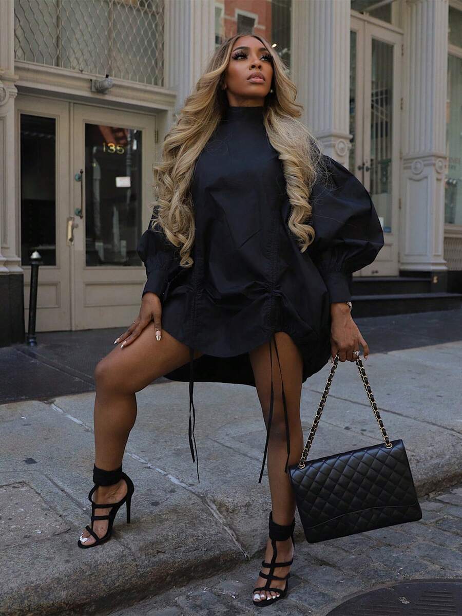 Casual Loose Long Sleeve Round Neck Shirt Dress For Women, Spring And Summer, Solid Color Drawstring Dress - Black - View 1