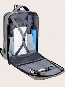 Business Casual Men Receive Nylon Solid Colour Large Capacity Backpack With USB Port - Grey - View 4