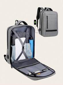 Business Casual Men Receive Nylon Solid Colour Large Capacity Backpack With USB Port - Grey - View 1