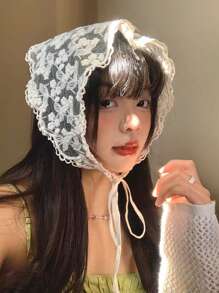 1pc White Knitted Flower & Mesh Pattern Triangle Scarf Headband Hair Band Turban Headband Sweatband