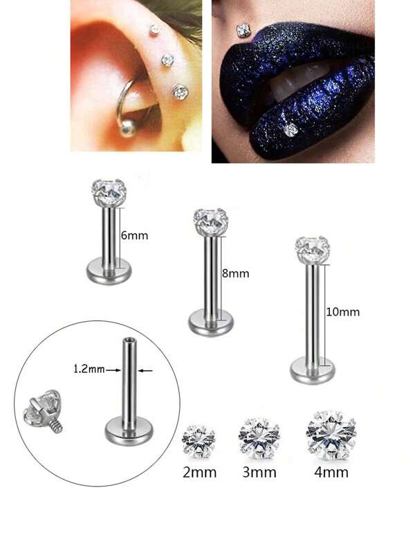 6PCS Stainless Steel Nose Stud Cartilage Piercing Jewelry Helix Tragus Lip Flat Back Tiny Earrings For Women 16G