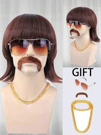 4Pcs Set 70s 80s Disco Wig With Mustache Glasses Chain, Short Flip Out Wavy Brown Bob Hair With Fringe Men Mullet Wig For 60s Singer Rocker Hippies Costume Cosplay Party Wigs Short Fluffy Out Flip Brown Wig With 1 Gold Necklace, 1 Brown Beard, 1 Glasses For Men Heat Resistant Synthetic Afro Wig With Bangs For Holiday Thanksgiving Day Birthday Gift For Christmas Decorations