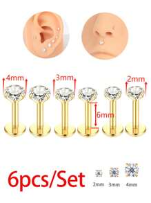 6PCS Stainless Steel Nose Stud Cartilage Piercing Jewelry Helix Tragus Lip Flat Back Tiny Earrings For Women 16G