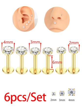 6 件不锈钢鼻钉软骨穿孔饰品耳轮耳屏唇部扁平后背小耳环女士款 16G