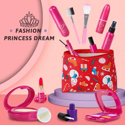 Kids Pretend Makeup Set Toy, Girls Handbag With Silicone Lipstick, Nail Polish, Eyeshadow, Makeup Sponge, Real Simulation Dress Up Playset (No Liquid, Powder, Color Or Scent, Plastic & EVA Material)
