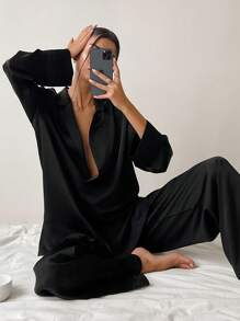 Solid Color Thin Ladies Home Imitation Silk Pajamas Ladies Winter Ice Silk Loose Can Be Worn Outside - màu đen - Xem 3
