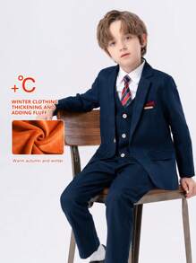 4pcs/Set Young Boys Flannel Suit Set: Flannel Jacket, Flannel Vest, Flannel Pants And Bow Tie, Winter Formal Wear For Performance, Party, Wedding, Stage - Navy Blue - View 1