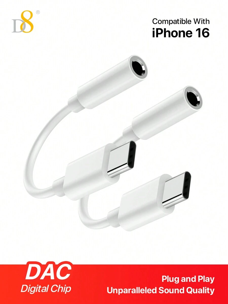 D8 [2 件装] USB C 转 3.5 毫米音频适配器 C 型 Aux 耳机，DAC 立体声麦克风 HiFi 耳机适配器，兼容 16 / 16 Pro / 16 Pro Max/ 15/15Puls/15Pro/15Pro Max iPad Pro /Air 5/4 Mini 6、Galaxy S23 Ultra S22 S21 S20、Pixel 7 Pro，白色