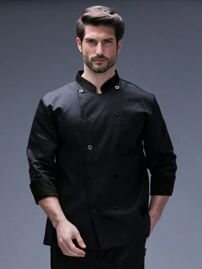 双排扣厨师夹克，长袖，男女通用，黑色，立领，专业舒适的厨师制服