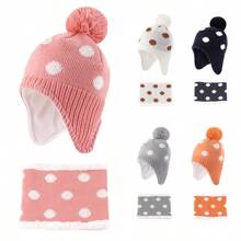 Baby Boys Girls Winter Hat And Collar Scarf Set Knit Toddler Earflaps Beanie Kids Warm Fleece Lining Hat With Pompom