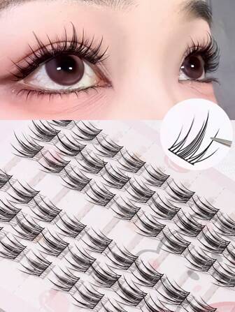 60 簇DlY自粘自然外观，易于去除，大容量，初学者友好，带粘合条，交叉，动漫/卷发/自然/簇样式，C卷曲，长度12-14mm睫毛簇，睫毛簇，单根睫毛，睫毛，假睫毛