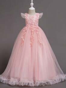 Long Embroidered Flower Girl Dress, Princess Gown For Girls, Wedding Bridesmaid Formal Dress For Piano Recital, Pageant, Party - Pink - View 4