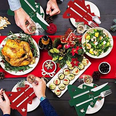 12pcs Christmas Cutlery Holder, Silverware Cutlery Holder, Cutlery Pockets, Christmas Tree Dinner Cutlery Set, Suitable For Family Holiday Parties, Place Settings, Table Gifts And Decorations(Knives And Forks Not Included), Halloween, Halloween Decoration