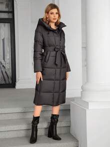 女士休闲连帽抽绳口袋拉链长袖夹棉外套，冬季 - 巧克力棕 - 查看 3