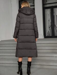 女士休闲连帽抽绳口袋拉链长袖夹棉外套，冬季 - 巧克力棕 - 查看 6