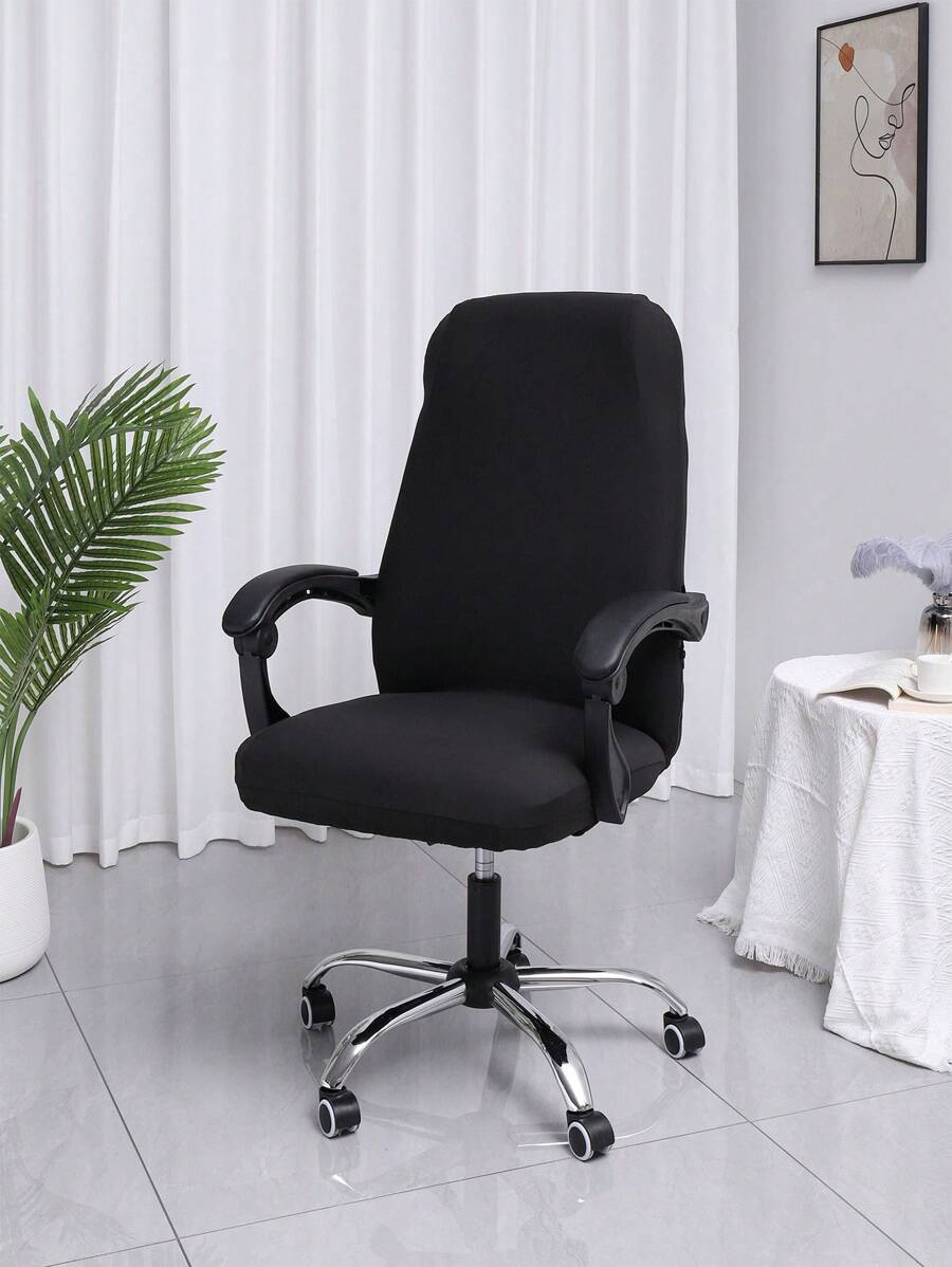 Cubierta universal de silla de oficina de unicolor con alta elasticidad para las cuatro estaciones, cubierta para escritorio y silla de computadora, cubierta para silla de computadora, cubierta para silla de jefe, cubierta elástica para silla, decoración del hogar - Negro - Ver 1