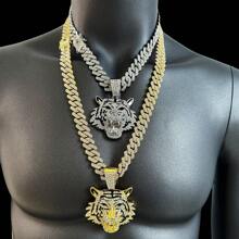 Mode 14mm breite, massive Gliederkette Halskette, kühnes Tier-Thema Schmuckstück, kombiniert mit goldenem Tigerkopf Anhänger mit 18K Weiß-/Gelbgold-Beschichtung, besetzt mit simulierten Strass-Steinen, erhältlich in 50/60/70cm