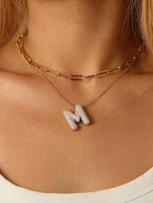 1 chiếc vòng cổ chữ bong bóng vàng, vòng cổ chữ cái bóng bay nhiều lớp, mặt dây chuyền chữ cái đính đá, trang sức nữ, quà tặng vòng cổ nhiều lớp - Nhiều màu - Xem 3