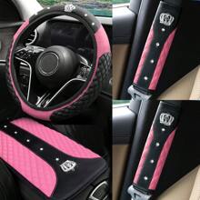 4pcs Shiny Rhinestone Crown Design Steering Wheel Cover, Armrest Pad, Shoulder Pads