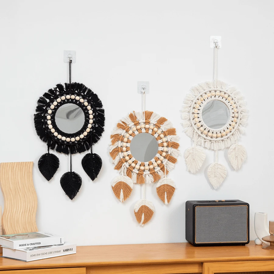1pc Nordic Style Woven Decorative Tapestry, Leaf And Feather Pendant, FullSize Mirror, Living