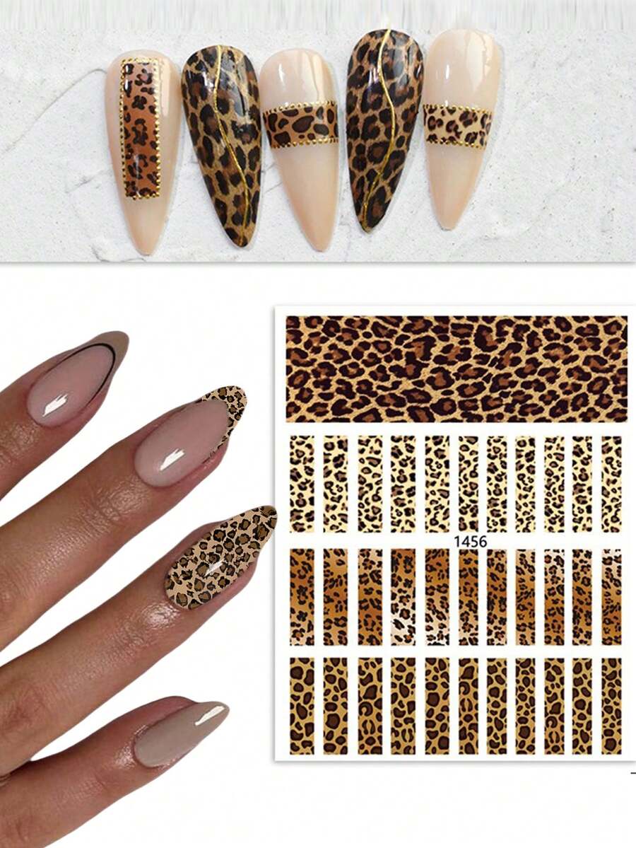6pcs Leopard Print Nail Stickers Autumn And Winter 3D Striped Nail Stickers Self-Adhesive Nail Decals - Multicolor - View 1