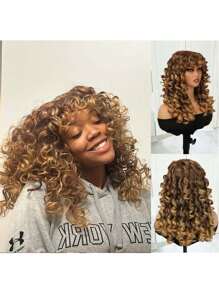 Curly Wigs For Women Synthetic Loose Wig Ombre Blonde18 Inch Natural Cosplay Hair Wig With Bangs Heat Resistant Wig - 漸變金色 - 查看 7
