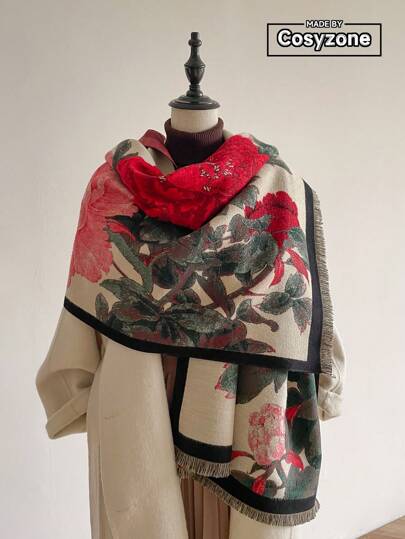 1pc Women Floral Jacquard Faux Cashmere Thick Warm Scarf, Suitable For Daily Use  Winter Fall Valentine's Day Valentines