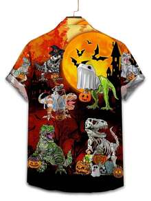 加大码男士恐龙印花短袖衬衫，速干透气，吸汗 - 黑色 - 查看 2