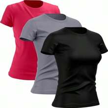 TH6 Kit 3 Women's Dry Fit Polyester T-Shirts Gym Training Running Basic - Hồng/Xám/Đen - Xem 1