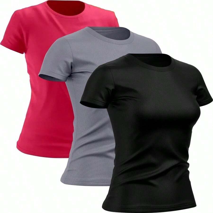 TH6 Kit 3 Women's Dry Fit Polyester T-Shirts Gym Training Running Basic - Hồng/Xám/Đen - Xem 1