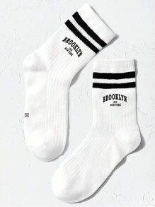 1pair Kids' Double Stripes & Letter Sporty Tube Socks Brooklyn 1898 Round Neck Socks, Suitable For Daily Wear - Black and White - View 4
