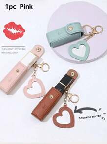 1pc Mini Lipstick Holder Keychain With Mirror & Lipstick Sleeve Pocket, PU Leather Material, Portable Lip Gloss Pouch, Daily Use For Women, Christmas/Thanksgiving/Valentine's Day Gift - Multicolor - View 2