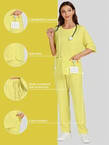 cimmuovere 圆领肘袖纯色 4 口袋护士制服手术服套装 - 黃色 - 查看 3