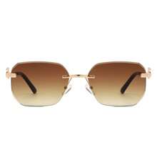 1pc Rimless Curved Rectangle Sunglasses With Tinted Square Lenses For Women And Men, Y2K Retro Geometric Shades. Perfect For Streetwear Looks, Summer Styling, Vacation Outfits, Music Festivals, And Casual Outdoor Wear - 棕色 - 查看 1