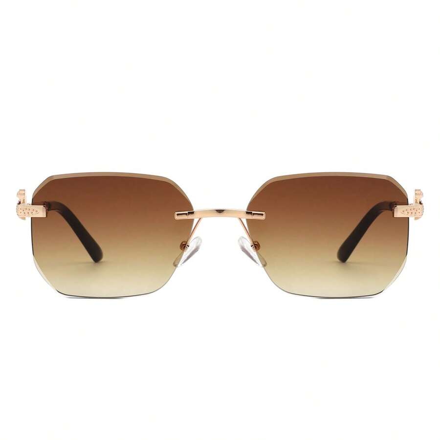 1pc Rimless Curved Rectangle Sunglasses With Tinted Square Lenses For Women And Men, Y2K Retro Geometric Shades. Perfect For Streetwear Looks, Summer Styling, Vacation Outfits, Music Festivals, And Casual Outdoor Wear - 棕色 - 查看 1