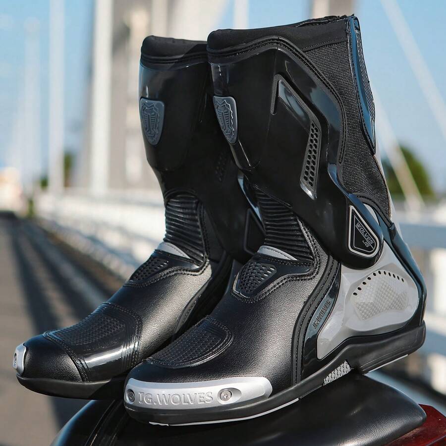 Professional Racing Motorcycle Boots, Fashionable High-Top Boots For Men, Made Of Microfiber Leather With Excellent Grip And Ankle Support, Suitable For Off-Road Enthusiasts, Motorcycle Racing Shoes For Men, Motorcycle Competition And Racing Track Boots, Track Racing Protective Shoes, Traffic Police Riding Boots, Racing Boots, Black Competition Boots, White High-Top Boots, Black High-Top Boots - Black - View 1
