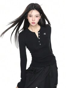 美国性感 V 领针织长袖 T 恤女款修身春秋罗纹半开领紧身汗衫上衣