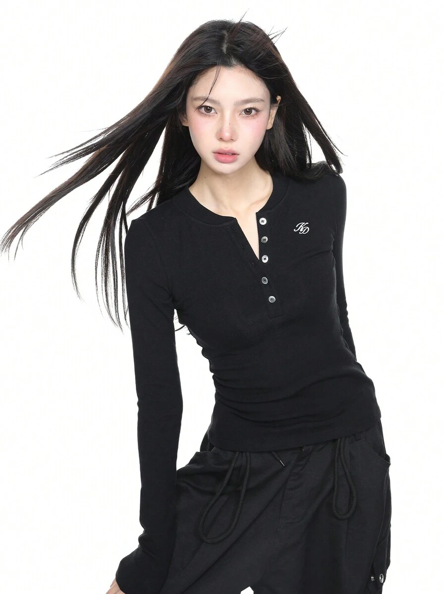 美国性感 V 领针织长袖 T 恤女款修身春秋罗纹半开领紧身汗衫上衣