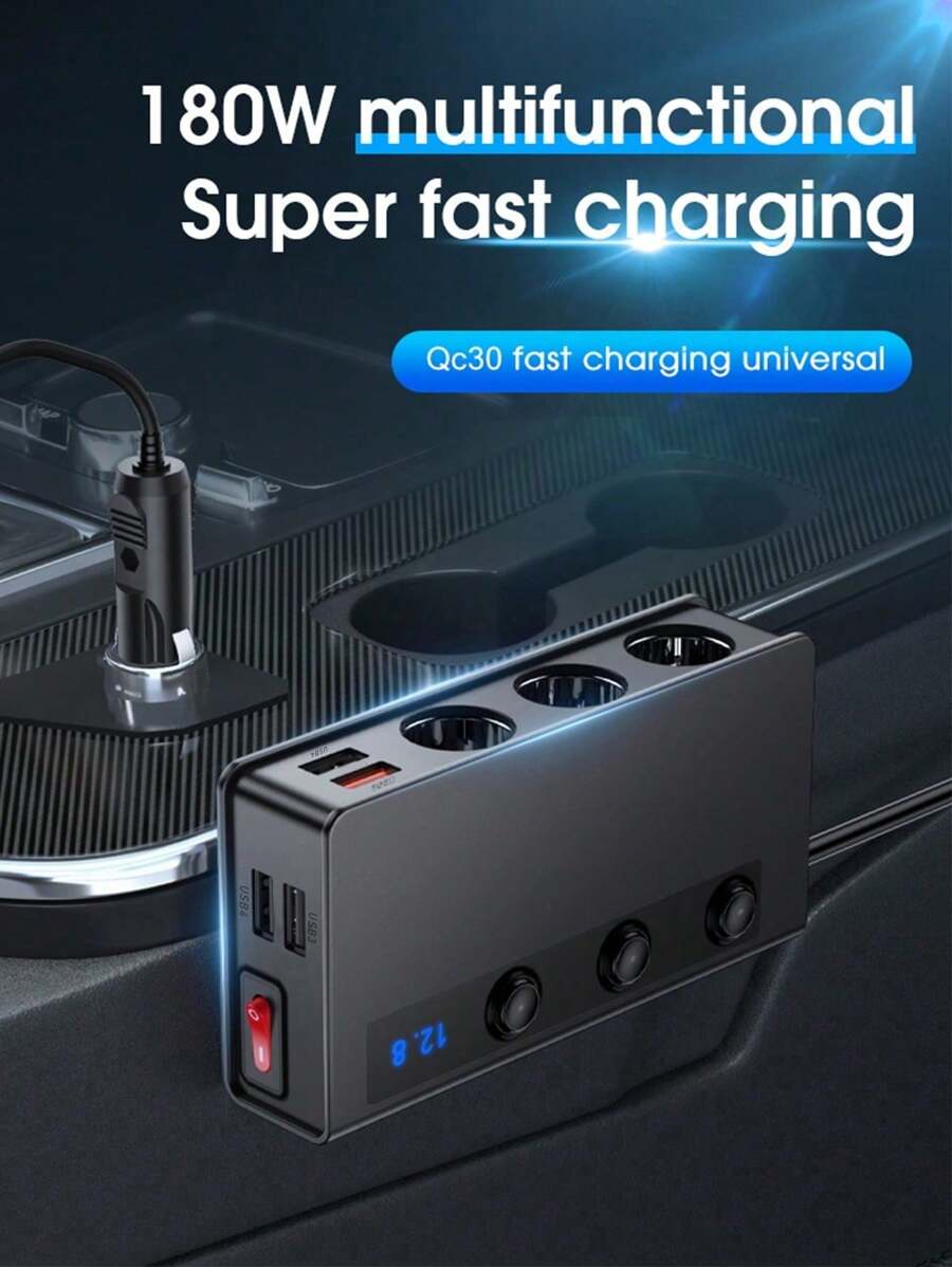 1pc Car Charger Fast Charging, 3-In-1 Car Phone Charger USB Cigarette Lighter Adapter - Black - View 1