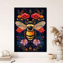 1pc Colorful Plant Flowers And Bee Canvas Art Printing Poster - Canvas Wrapped Framed - Gothic Floral Wall Decoration Ideal For Bedroom, Hallway, Office, Living Room Home Decoration, Wall Art Decoration