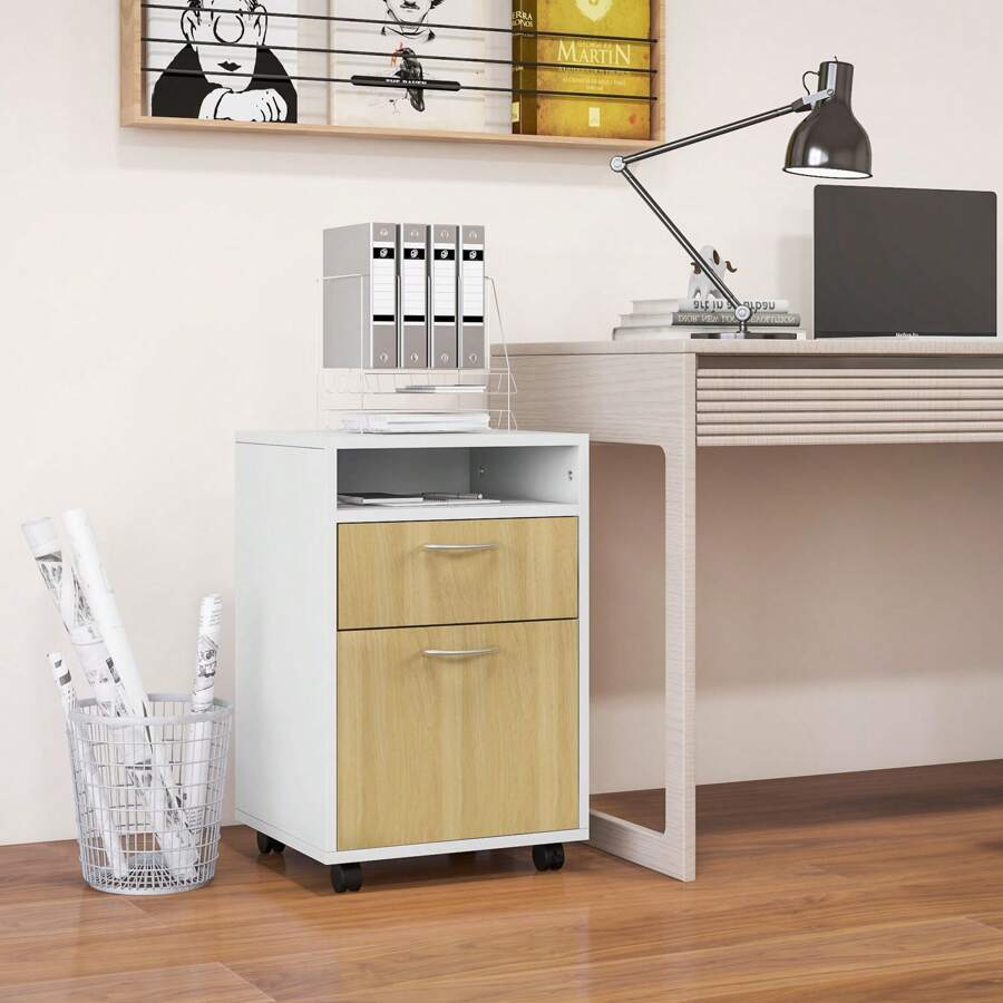 HOMCOM Cajonera de Oficina Móvil con Cajón y Gabinete Mueble Archivador con Ruedas Soporte de Impresora para Estudio 40x35x60 cm Natural y Blanco - Blanco - Ver 1