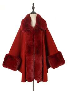 1 件大码女式蓬松领纯色斗篷开衫外套，舒适优雅