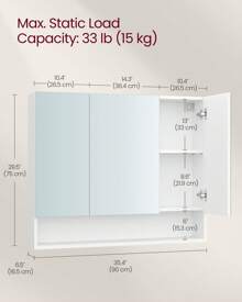 VASAGLE Medicine Cabinet Mirror, Bathroom Mirror With Storage, Bathroom Mirror Cabinet, Wall Mirror Cabinet, Open Compartment, Adjustable Shelves, 6.5 X 35.4 X 29.5 Inches - 白色 - 查看 6