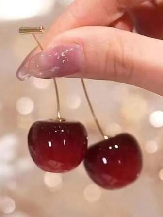 1 对欧美经典时尚樱桃水果吊坠耳环，优雅樱桃吊坠耳环